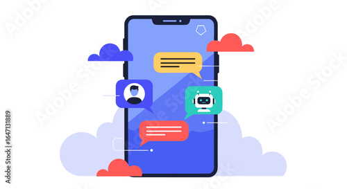 Illustrative smartphone screen displaying chat conversation with ai chatbot assistant communication