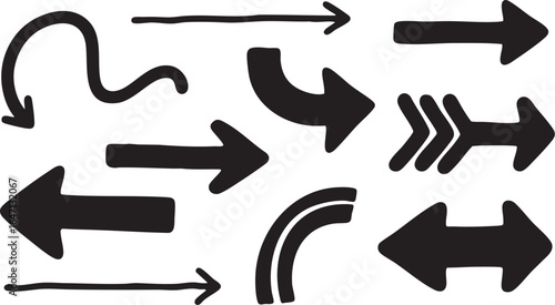 Set of black sketched arrows indicating different directions and movements, isolated on white background