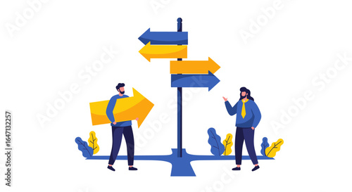 Business professionals face a directional choice at a crossroads sign