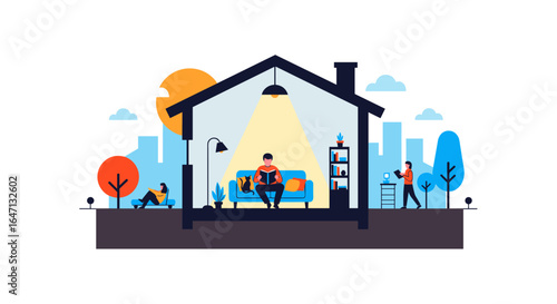 Cozy indoor living with people relaxing and enjoying home activities