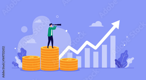 Man standing on coin stack looking through spyglass at growing upward arrow chart