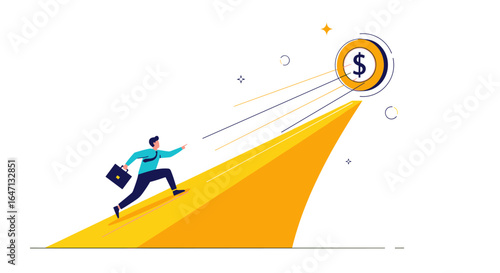 Businessman climbing a golden path towards financial success goal