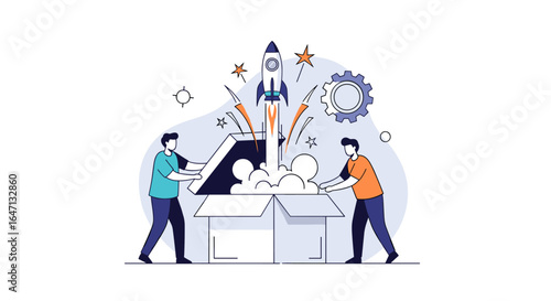 Business startup idea launching rocket from cardboard box concept illustration
