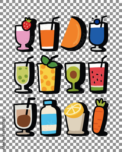 Fresh pastel smoothie and juice illustrations for healthy lifestyle branding, planners, stickers, and summer designs.