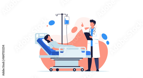 Doctor checking patient lying in hospital bed receiving iv drip treatment