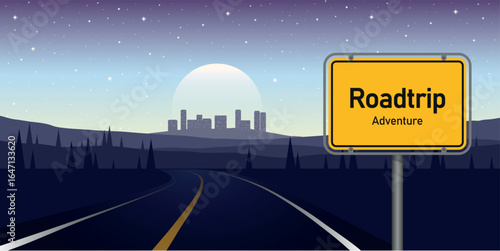 road trip adventure in night landscape with cityview vector illustration