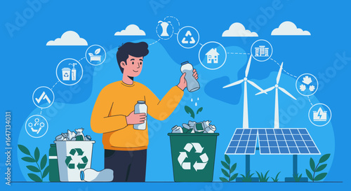 A young man sorts plastic bottles into recycling bins with renewable energy icons in the background.