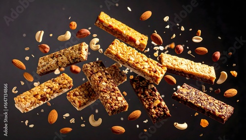 Assorted Nut and Fruit Energy Bars with Almonds Cashews and Dried Fruit on Dark Background