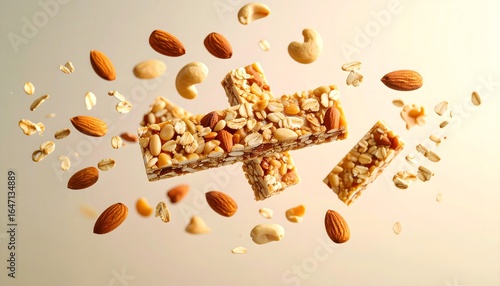 Crunchy Nut Bar with Mixed Nuts and Seeds Floating in Midair