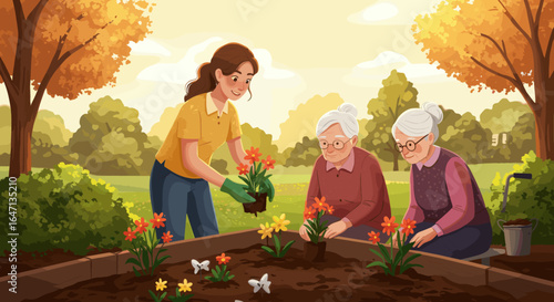 Three women of different ages work together in a garden, planting flowers on a sunny day.
