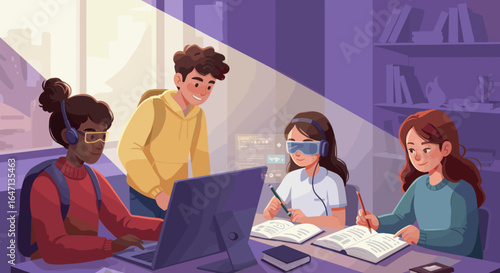 A diverse group of students work together on laptops and notebooks in a collaborative study session.