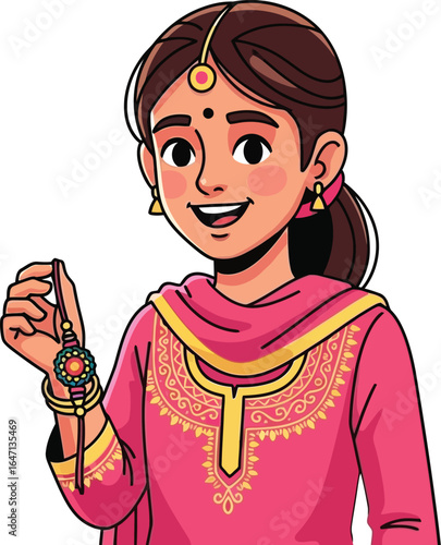 Joyful girl in traditional Indian attire holds Rakhi for Raksha Bandhan celebration