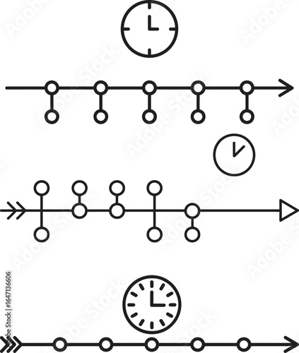 Timeline with clock icons and connected points representing events and time progression