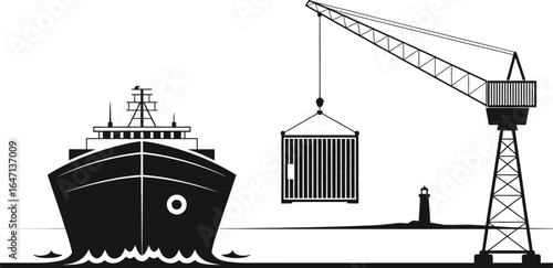 Cargo ship being loaded by a large industrial crane at a port
