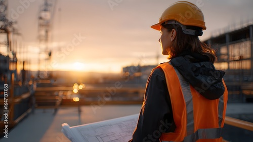 Female Construction Worker in Safety Gear Holding Blueprint at Sunset on Building Site
