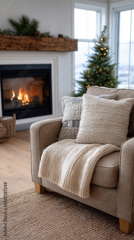 Fototapeta premium A warm and inviting living room featuring a comfortable armchair, a cozy blanket, and a beautifully decorated Christmas tree by the fireplace.