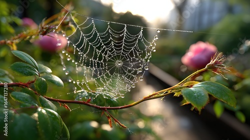 Intricate Spiderweb Covered in Dewdrops Glimmering in Morning Sunlight with Roses in Garden