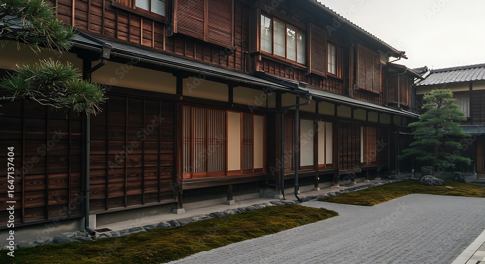 Fototapeta premium Wooden townhouse showcasing unique craftsmanship in Japan showcasing modern elegance