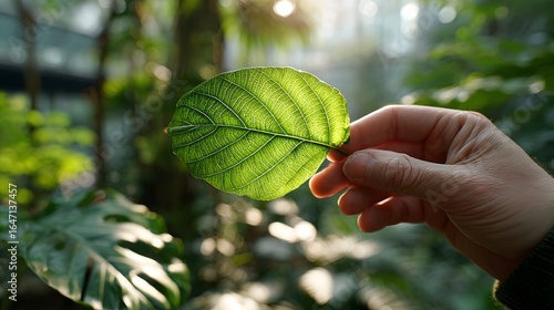 Closeup of a Hand Holding a Green Leaf Glimmering in Sunlight in a Lush Botanical Environment