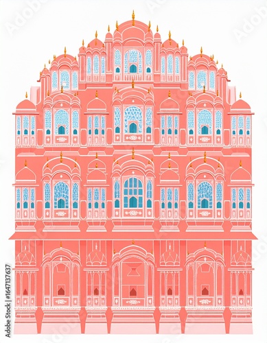 Illustration of Hawa Mahal, the Palace of Winds in Jaipur, India, featuring pink facade with arched windows and intricate architectural details.
