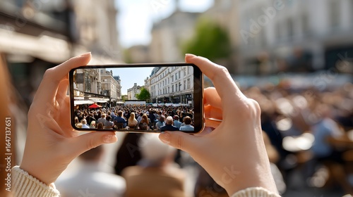 Hands Holding Smartphone Capturing Vibrant Crowd at Outdoor City Event in Bright Sunlight
