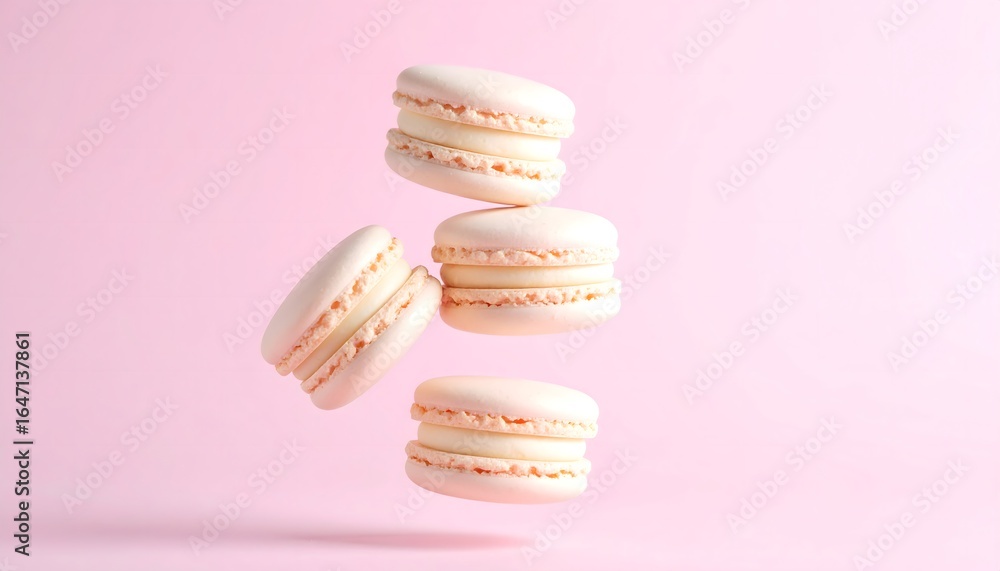 Fototapeta premium Pink Background White Macarons Floating in Midair with Soft Shadows