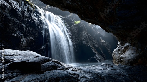 Majestic Waterfall Cascading Into Rocky Pool Surrounded By Cave Walls and Natural Light
