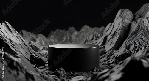 Photo of black podium on a rocky mountain landscape for product display background
