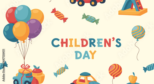 Colorful children's day illustration with toys and balloons