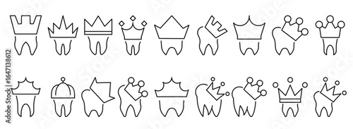 Dental Crown Line Icon Set. Outline Signs for Graphic and Web Design, Apps, Adverts, Various Cards