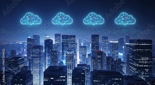 Creative representation of cloud computing, cloud-shaped servers connected digital blue lights, where cloud computing networks seamlessly conwith glowing lines, floating above a futuristic cityscape, 