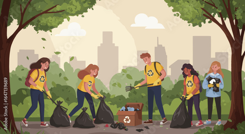 Four people clean up litter in a park, collecting trash into recycling bags.