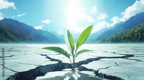 Resilience in Arid Lands: A Sprout Emerging from Cracked Earth Symbolizing Hope and Recovery