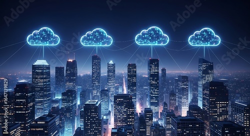 Creative representation of cloud computing, cloud-shaped servers connected digital blue lights, where cloud computing networks seamlessly conwith glowing lines, floating above a futuristic cityscape, 