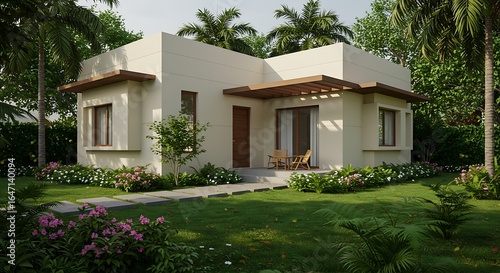 Modern bungalow with lush landscaping in India