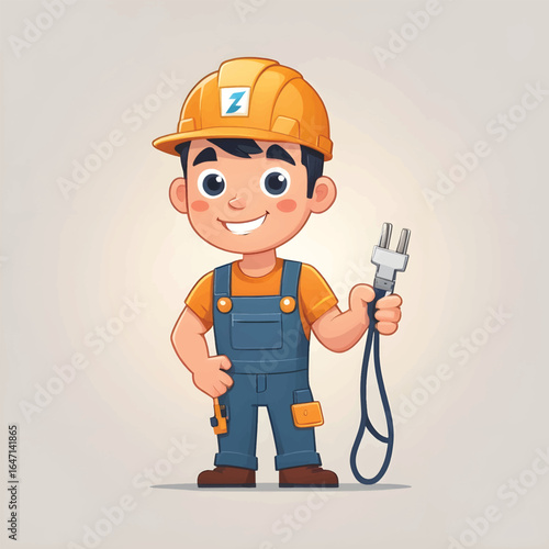 Adorable Flat Style Cartoon Electrician Holding Power Plug
