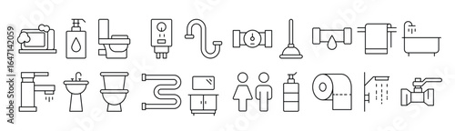 Plumbing Outline Picture Collection. Editable Stroke. Perfect for Infographics, Articles, Books, Flyers, Banners