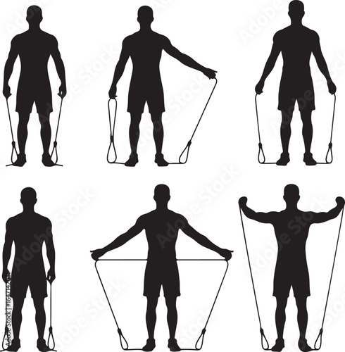 Male figures demonstrating resistance band exercises