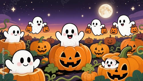 Halloween background with pumpkins and ghosts in full moon light illustration