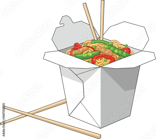 Enjoy delicious Asian takeout noodles with chopsticks in a convenient take-out box