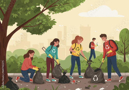 Four people clean up litter in a park, collecting trash into recycling bags.