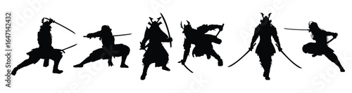 samurai cloaked silhouette illustration set