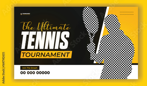 Ultimate Tennis Tournament Announcement with Checkered Player and Racquet Illustration