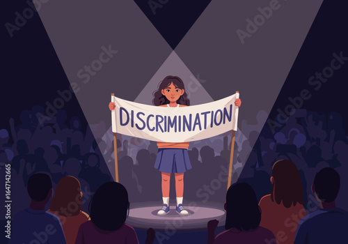 A young girl stands under a spotlight holding a large banner that reads "Discrimination" before an audience.