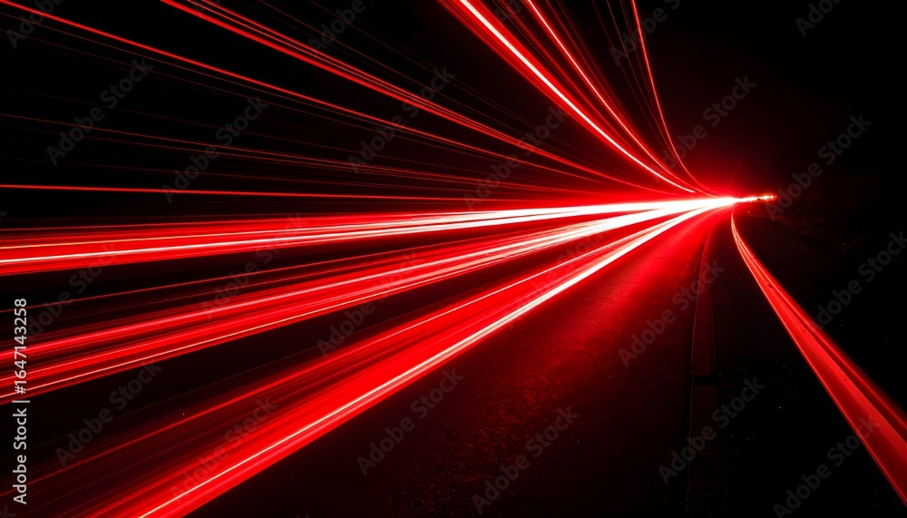 Fototapeta premium Long exposure of red light trails curving against a black background,
