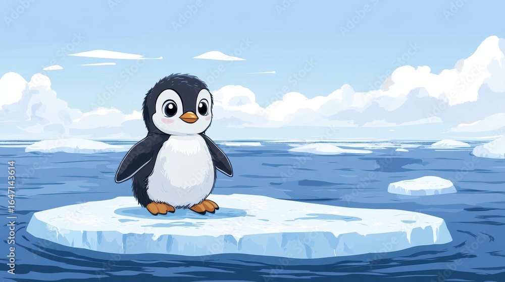 Obraz premium Adorable baby penguin perched on an icy floe, surrounded by a vast blue ocean, capturing hearts with its fluffy charm.