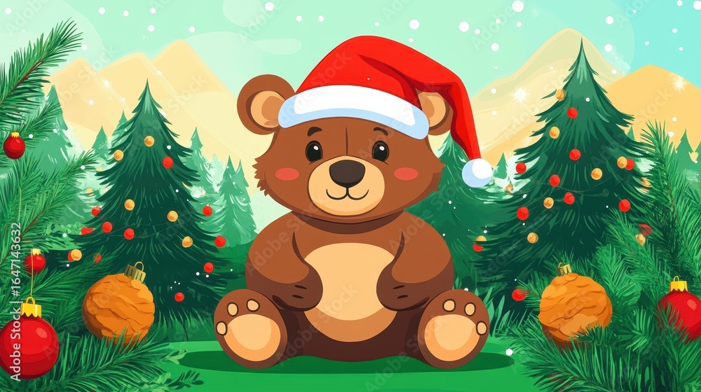 Fototapeta premium Adorable bear donning a festive cap beside a Christmas tree, bringing joy and charm to your holiday celebrations