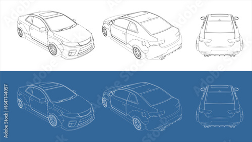 Drift sedan blueprint perspective and rear view vector