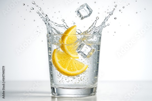 Refreshing lemon splash in a tall glass of water