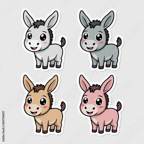 Four cartoon donkeys in different colors gray light gray tan and pink on a white background sticker sheet